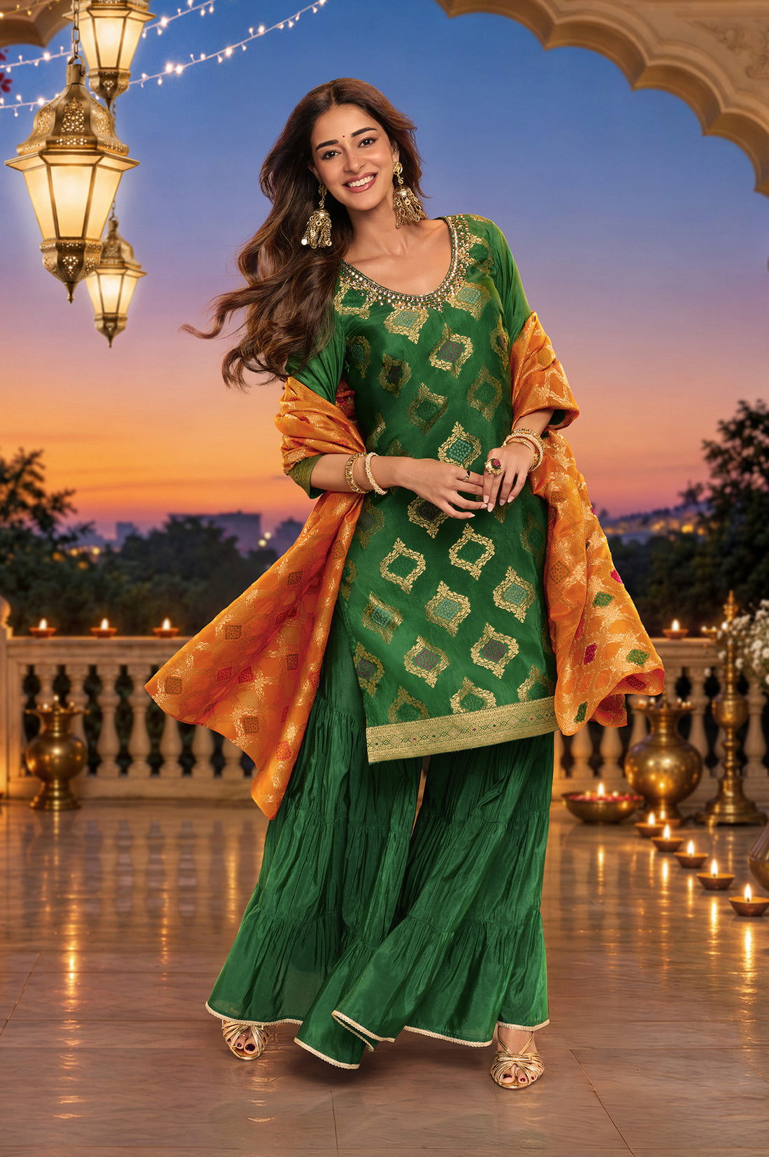 Green Yarn Dyed Mirror Work Jacquard Straight Kurta with Sharara and Dupatta Set
