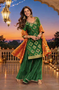 Green Yarn Dyed Mirror Work Jacquard Straight Kurta with Sharara and Dupatta Set