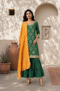 Green Yarn Dyed Mirror Work Jacquard Straight Kurta with Sharara and Dupatta Set
