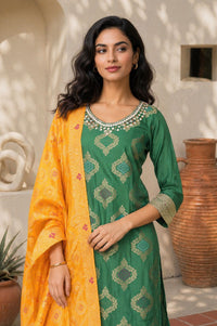 Green Yarn Dyed Mirror Work Jacquard Straight Kurta with Sharara and Dupatta Set