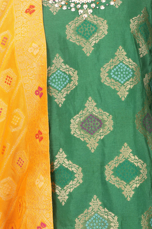 Green Yarn Dyed Mirror Work Jacquard Straight Kurta with Sharara and Dupatta Set