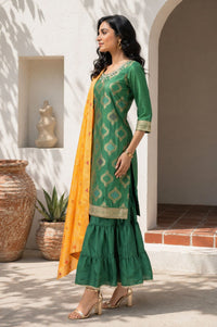 Green Yarn Dyed Mirror Work Jacquard Straight Kurta with Sharara and Dupatta Set