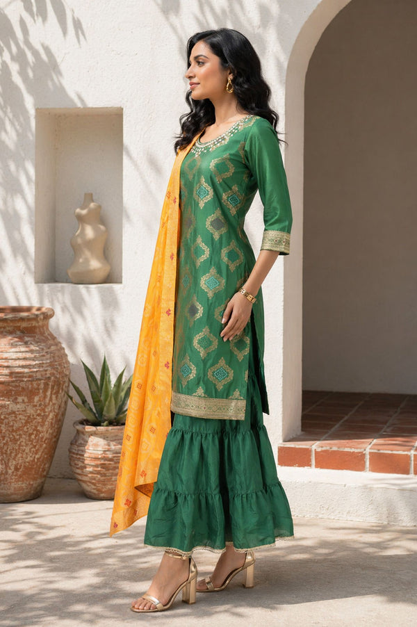 Green Yarn Dyed Mirror Work Jacquard Straight Kurta with Sharara and Dupatta Set