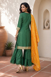 Green Yarn Dyed Mirror Work Jacquard Straight Kurta with Sharara and Dupatta Set