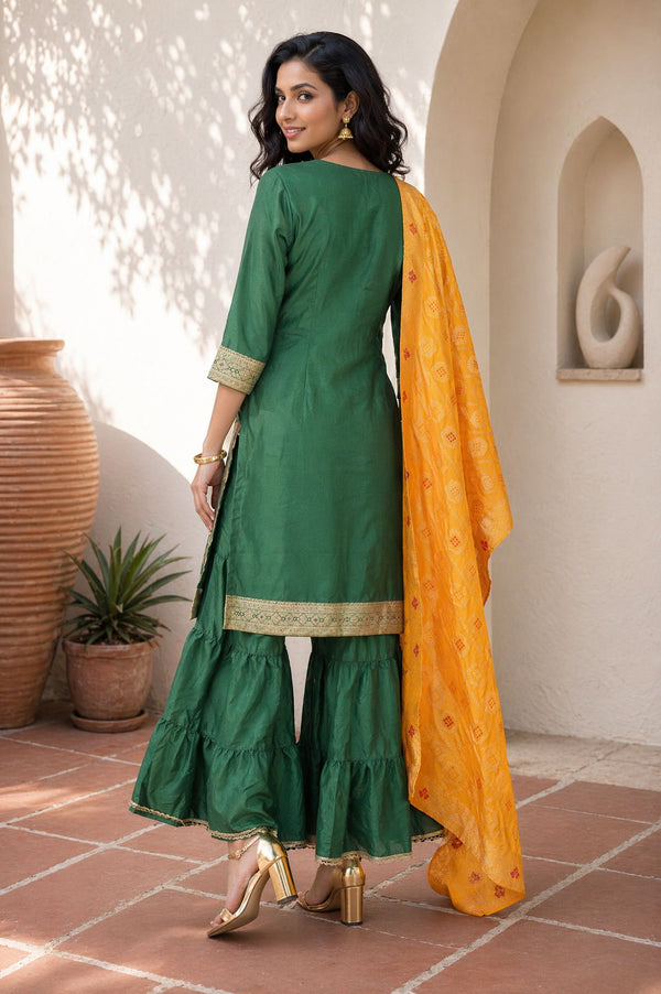 Green Yarn Dyed Mirror Work Jacquard Straight Kurta with Sharara and Dupatta Set