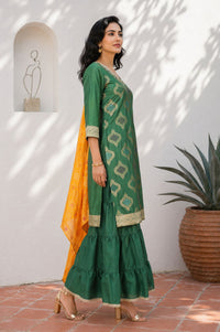 Green Yarn Dyed Mirror Work Jacquard Straight Kurta with Sharara and Dupatta Set