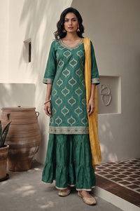 Green Ethnic Motifs Printed Straight Kurta with Sharara and Dupatta Set