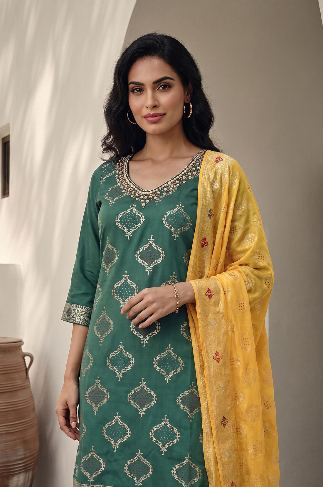 Green Ethnic Motifs Printed Straight Kurta with Sharara and Dupatta Set