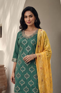 Green Ethnic Motifs Printed Straight Kurta with Sharara and Dupatta Set