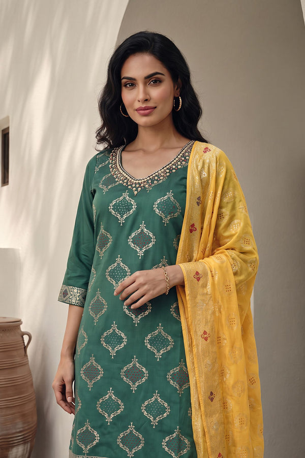 Green Ethnic Motifs Printed Straight Kurta with Sharara and Dupatta Set