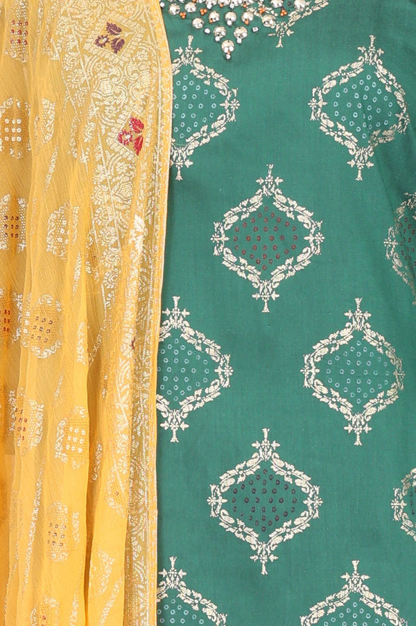Green Ethnic Motifs Printed Straight Kurta with Sharara and Dupatta Set