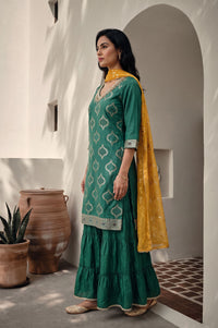 Green Ethnic Motifs Printed Straight Kurta with Sharara and Dupatta Set