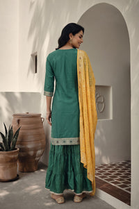 Green Ethnic Motifs Printed Straight Kurta with Sharara and Dupatta Set