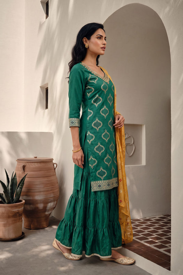 Green Ethnic Motifs Printed Straight Kurta with Sharara and Dupatta Set