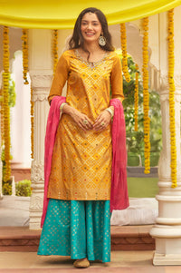 Yellow Embroidered Jacquard Straight Kurta with Skirt and Dupatta Set