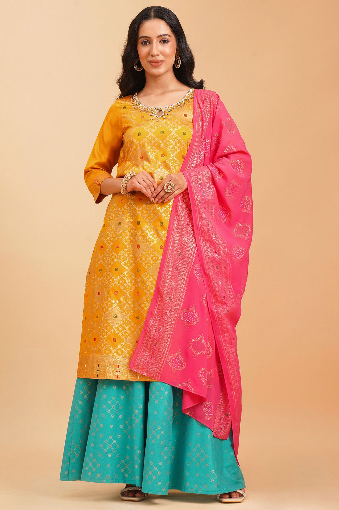 Multicolor Embroidered Jacquard Straight Kurta with Skirt and Dupatta Set