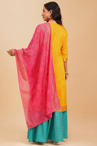 Yellow Embroidered Jacquard Straight Kurta with Skirt and Dupatta Set