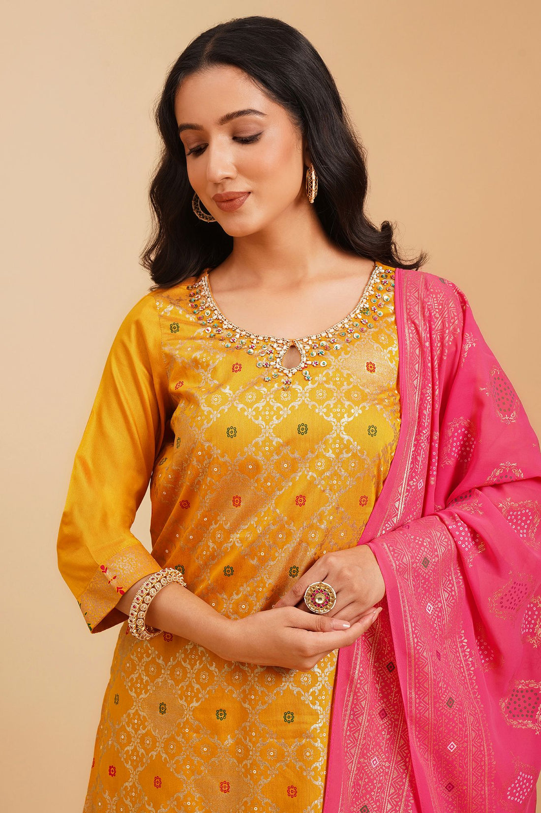 Multicolor Embroidered Jacquard Straight Kurta with Skirt and Dupatta Set