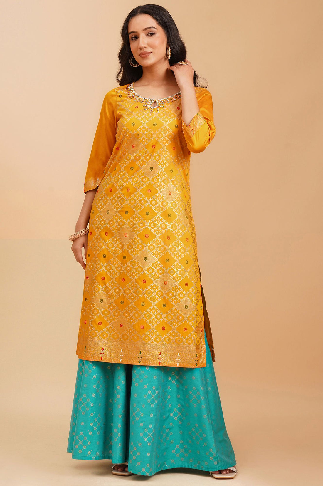 Multicolor Embroidered Jacquard Straight Kurta with Skirt and Dupatta Set