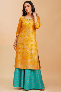 Multicolor Embroidered Jacquard Straight Kurta with Skirt and Dupatta Set