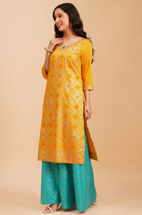 Multicolor Embroidered Jacquard Straight Kurta with Skirt and Dupatta Set