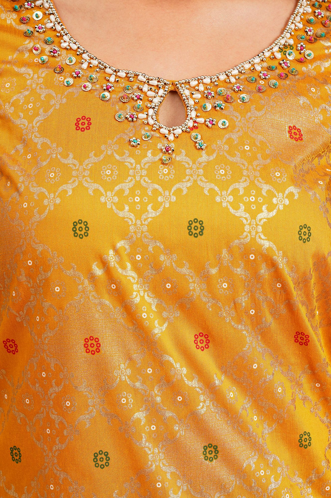 Yellow Embroidered Jacquard Straight Kurta with Skirt and Dupatta Set