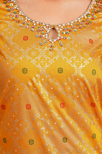 Yellow Embroidered Jacquard Straight Kurta with Skirt and Dupatta Set