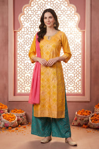 Yellow Foil Printed Straight Kurta with Palazzo and Dupatta Set