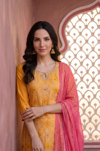 Yellow Foil Printed Straight Kurta with Palazzo and Dupatta Set