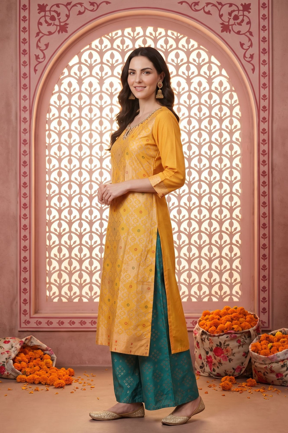 Yellow Foil Printed Straight Kurta with Palazzo and Dupatta Set