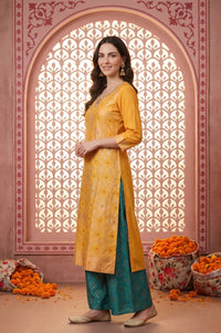 Yellow Foil Printed Straight Kurta with Palazzo and Dupatta Set