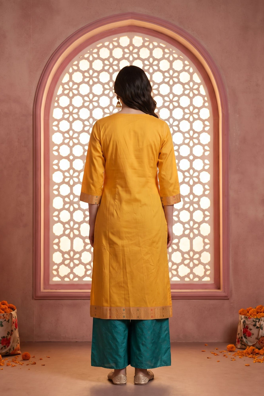 Yellow Foil Printed Straight Kurta with Palazzo and Dupatta Set