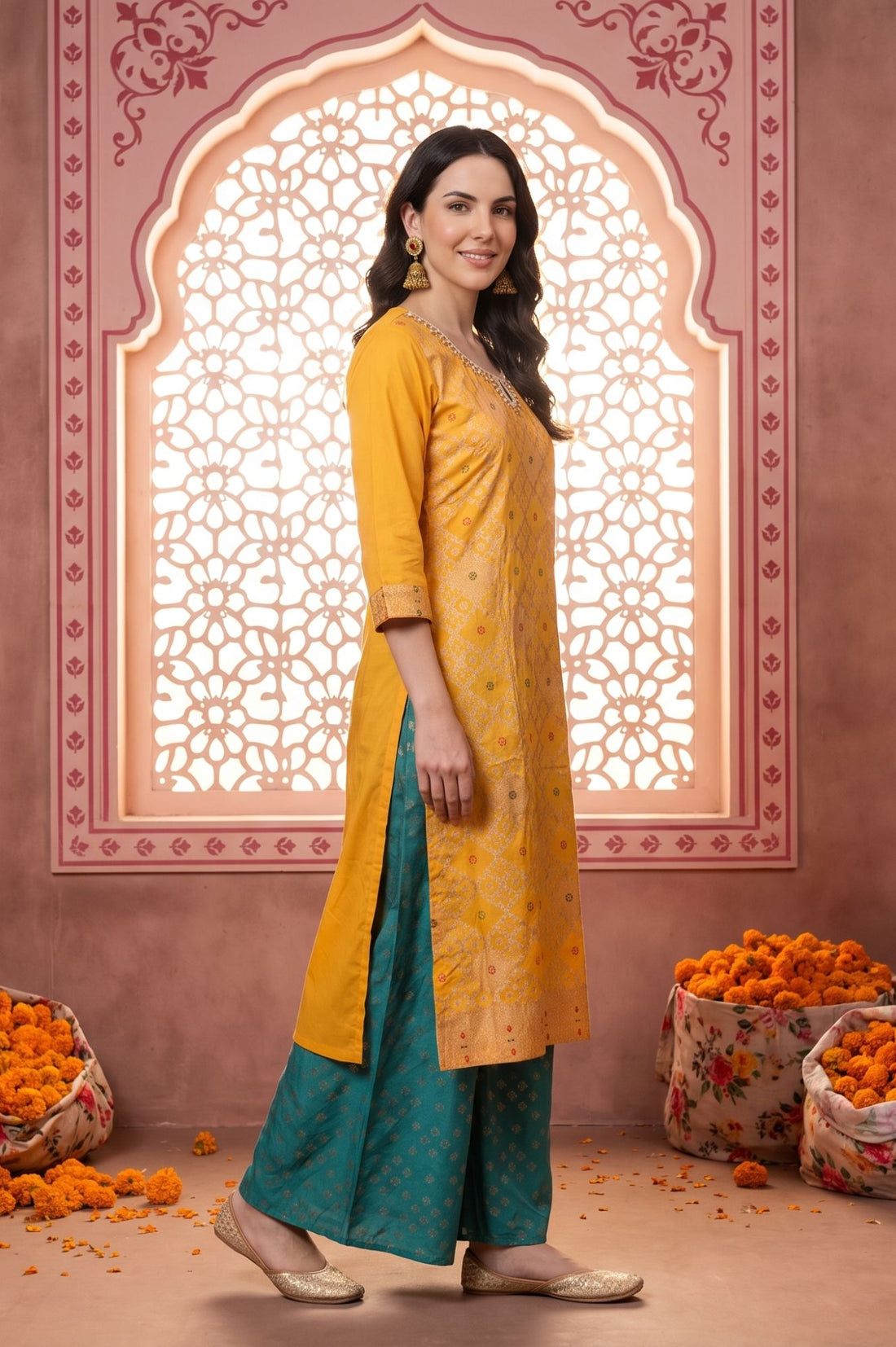 Yellow Foil Printed Straight Kurta with Palazzo and Dupatta Set