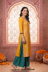 Yellow Foil Printed Straight Kurta with Palazzo and Dupatta Set