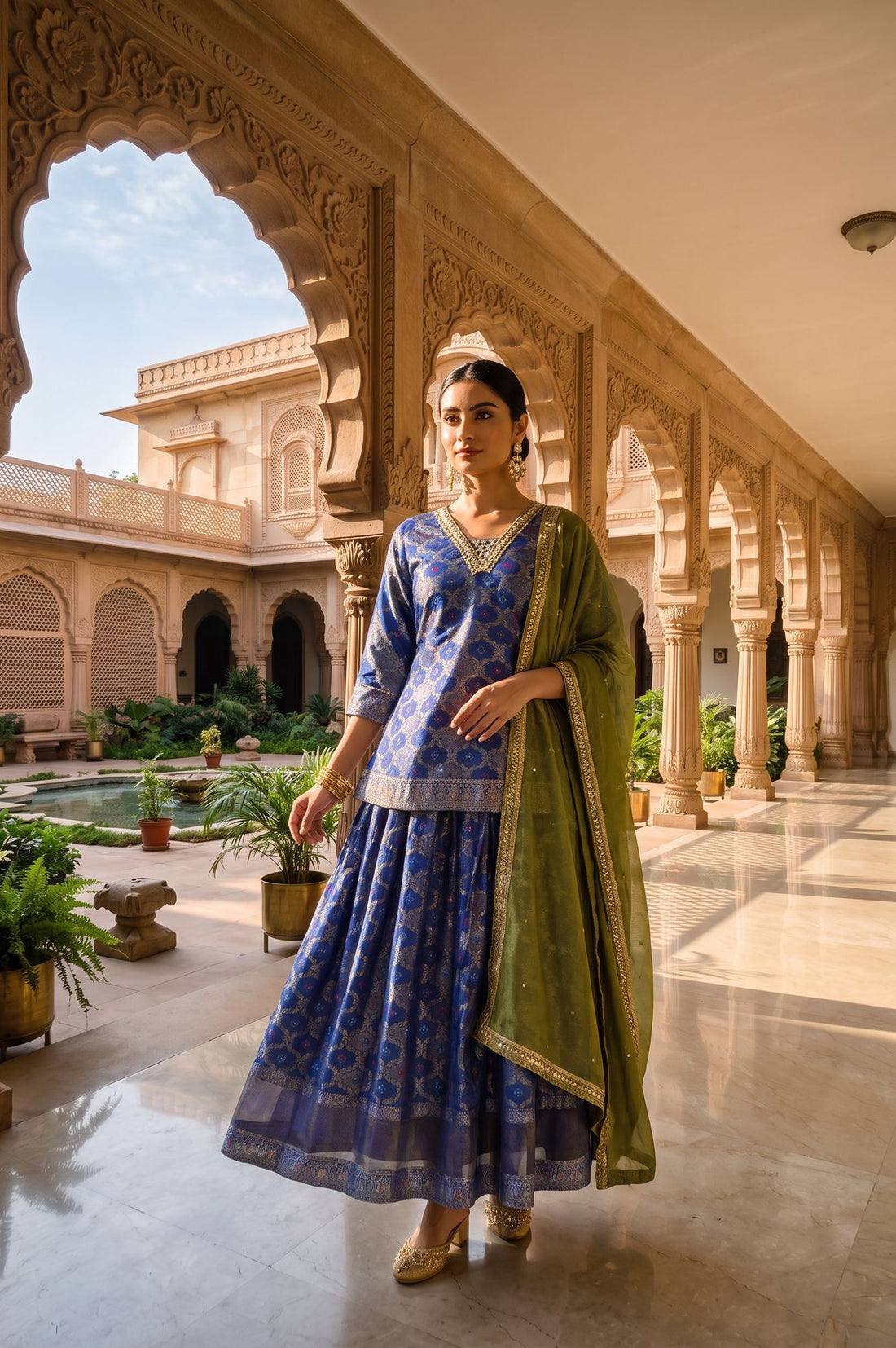 Navy Blue Foil Printed Mirror Work Shantung Straight Kurta with Skirt and Dupatta Set