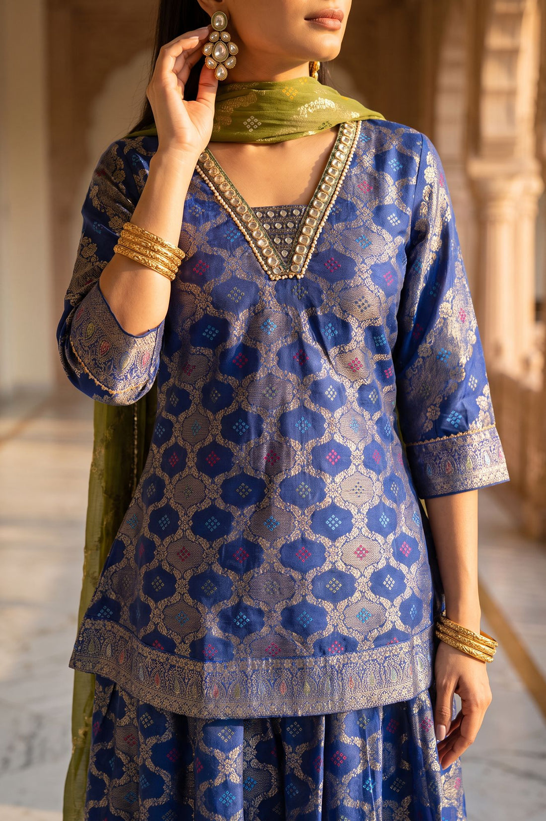 Navy Blue Foil Printed Mirror Work Shantung Straight Kurta with Skirt and Dupatta Set