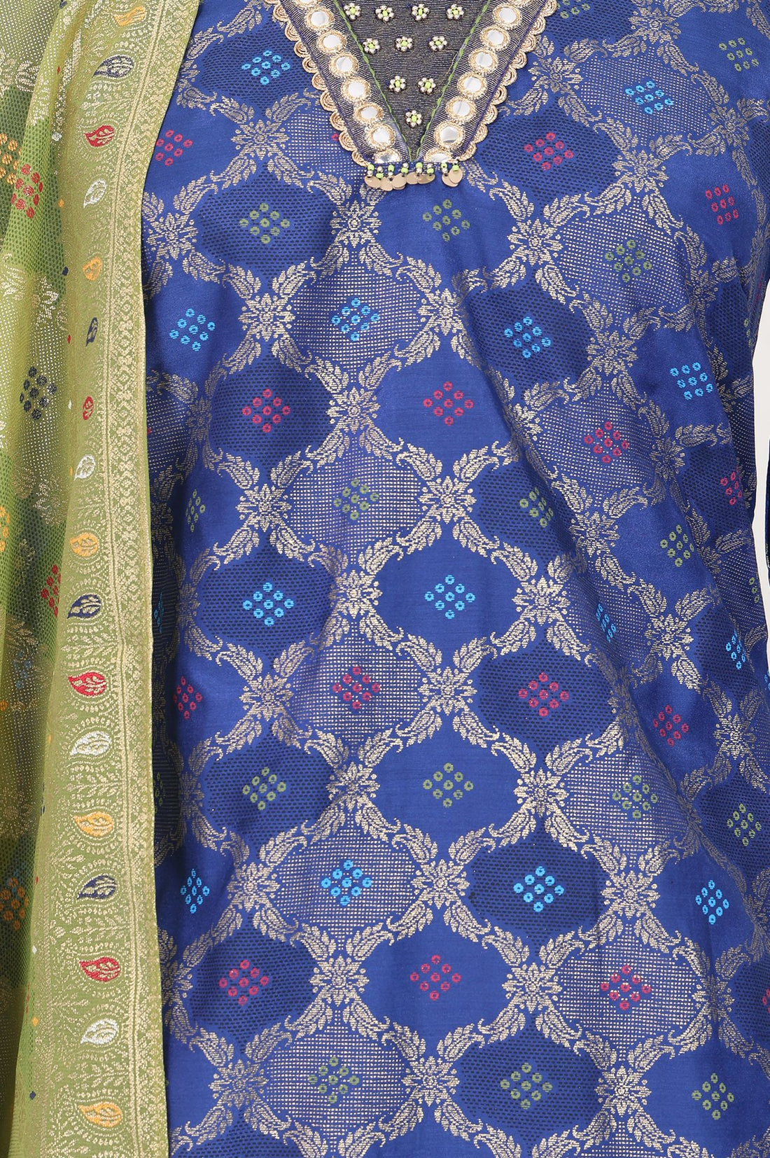 Navy Blue Foil Printed Mirror Work Shantung Straight Kurta with Skirt and Dupatta Set