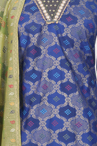 Navy Blue Foil Printed Mirror Work Shantung Straight Kurta with Skirt and Dupatta Set
