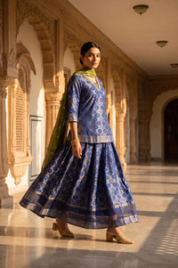 Navy Blue Foil Printed Mirror Work Shantung Straight Kurta with Skirt and Dupatta Set