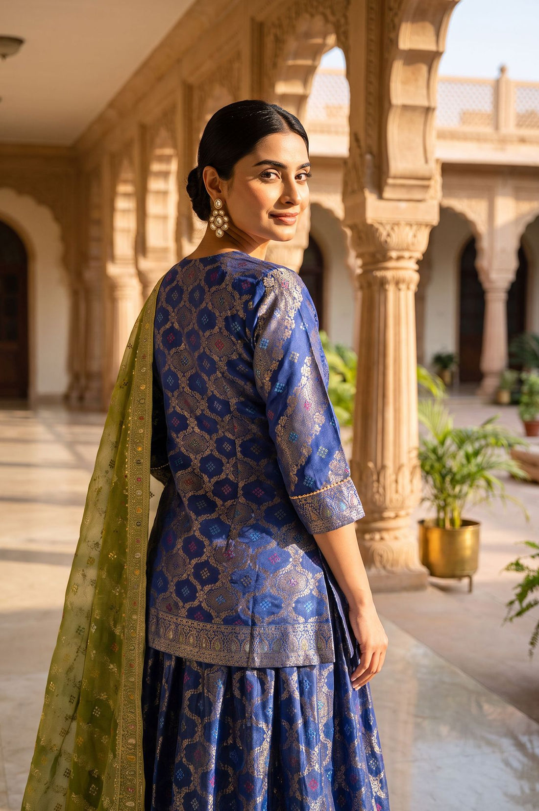 Navy Blue Foil Printed Mirror Work Shantung Straight Kurta with Skirt and Dupatta Set