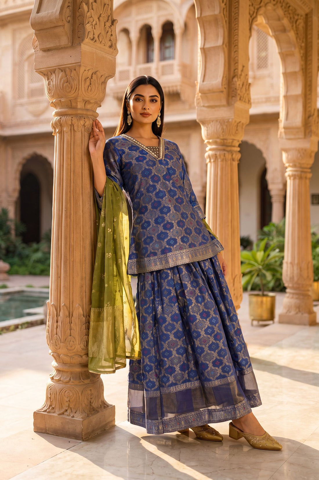Navy Blue Foil Printed Mirror Work Shantung Straight Kurta with Skirt and Dupatta Set