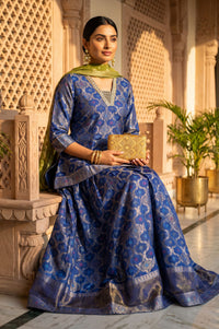 Navy Blue Foil Printed Mirror Work Shantung Straight Kurta with Skirt and Dupatta Set