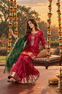Red Geometric Printed Jacquard Straight Kurta with Palazzo and Dupatta Set