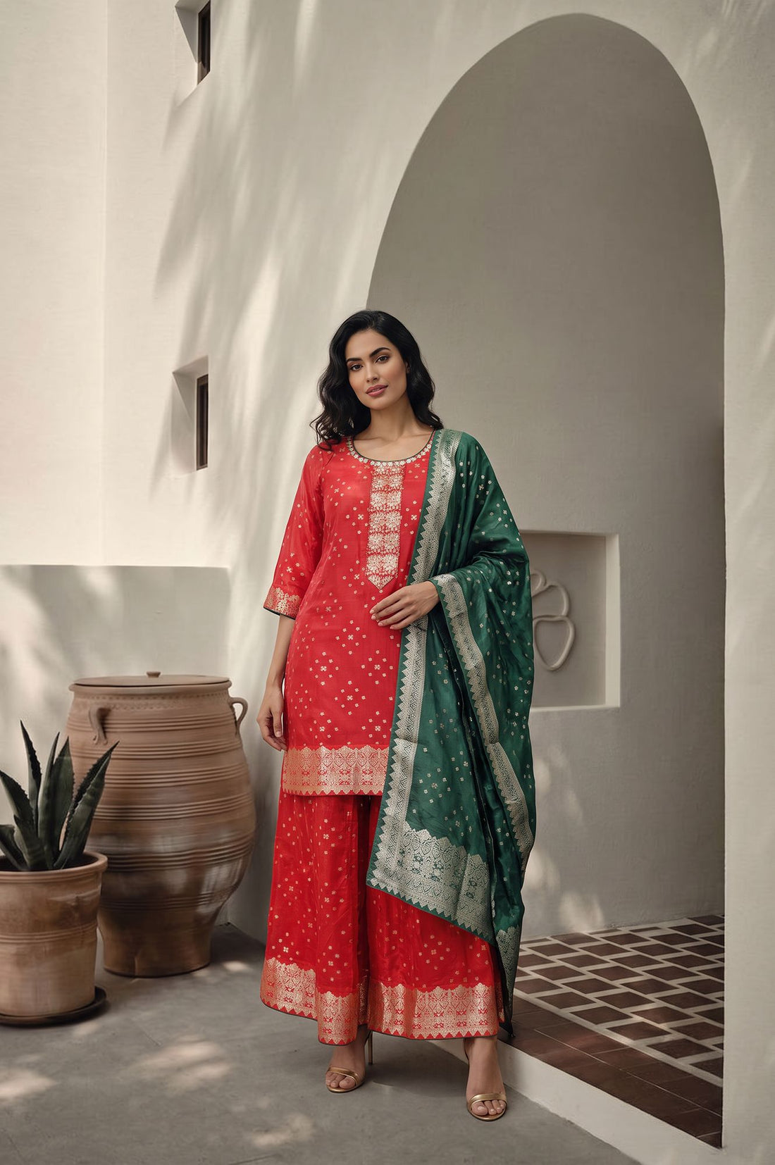 Red Geometric Printed Jacquard Straight Kurta with Palazzo and Dupatta Set