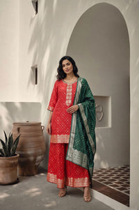 Red Geometric Printed Jacquard Straight Kurta with Palazzo and Dupatta Set