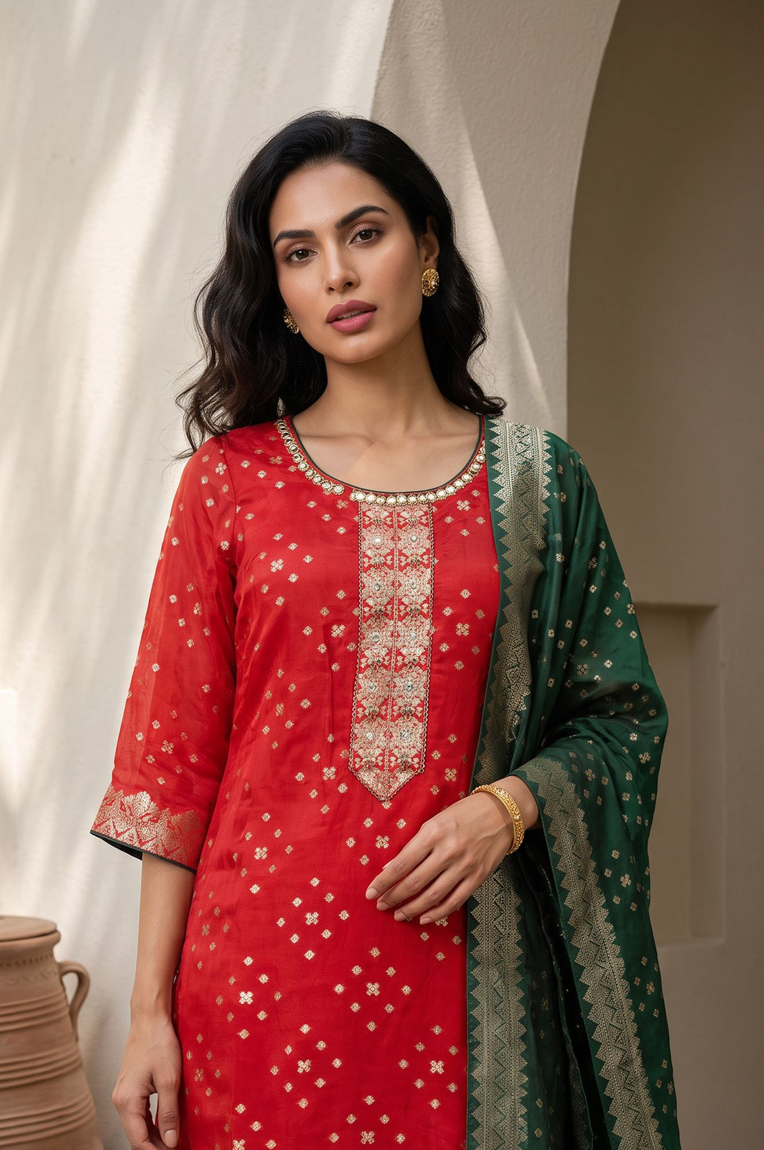 Red Geometric Printed Jacquard Straight Kurta with Palazzo and Dupatta Set