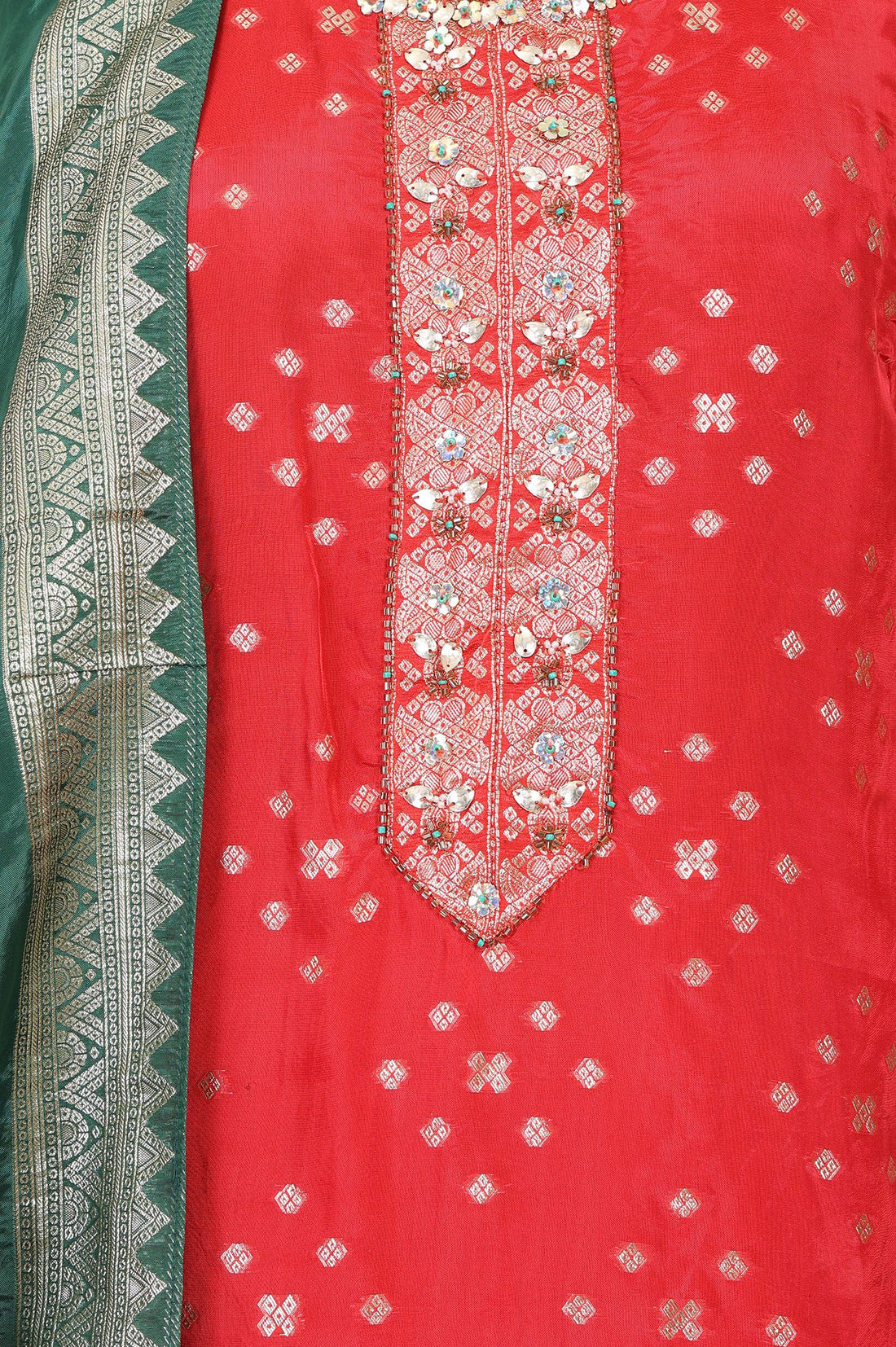 Red Geometric Printed Jacquard Straight Kurta with Palazzo and Dupatta Set