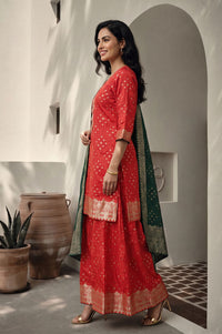 Red Geometric Printed Jacquard Straight Kurta with Palazzo and Dupatta Set