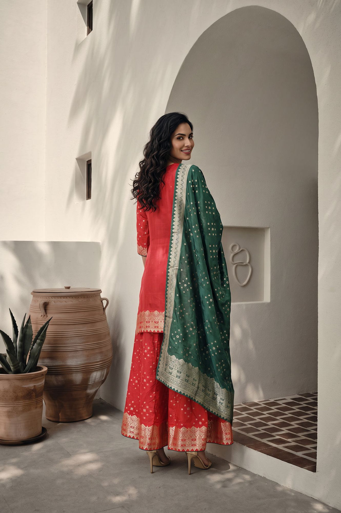 Red Geometric Printed Jacquard Straight Kurta with Palazzo and Dupatta Set
