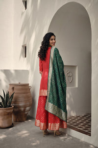 Red Geometric Printed Jacquard Straight Kurta with Palazzo and Dupatta Set